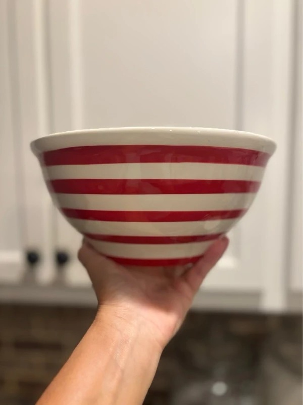 Striped Red and White Ceramic Serving Bowl by